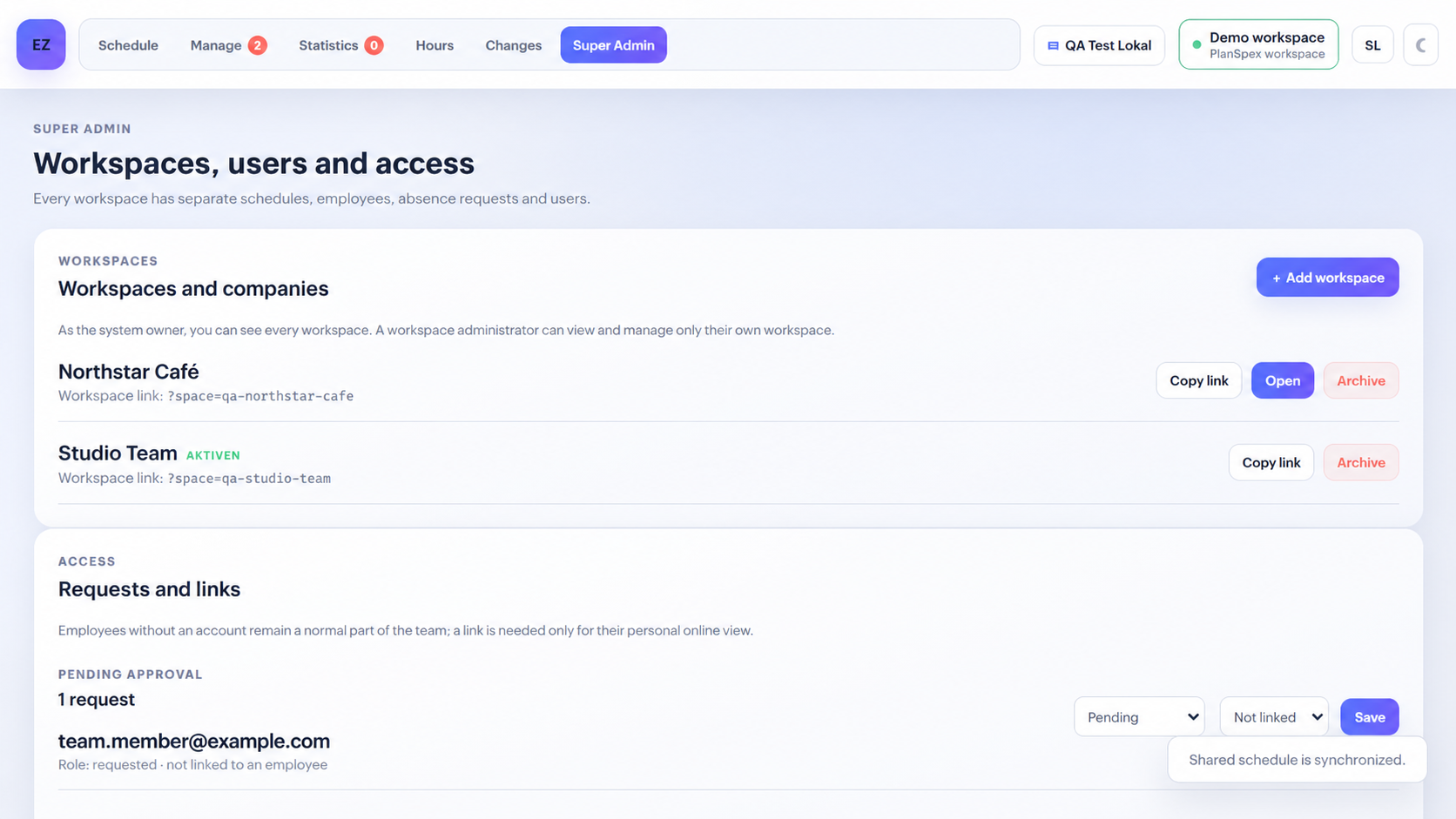 Sanitized English PlanSpex workspace view showing workspace access controls